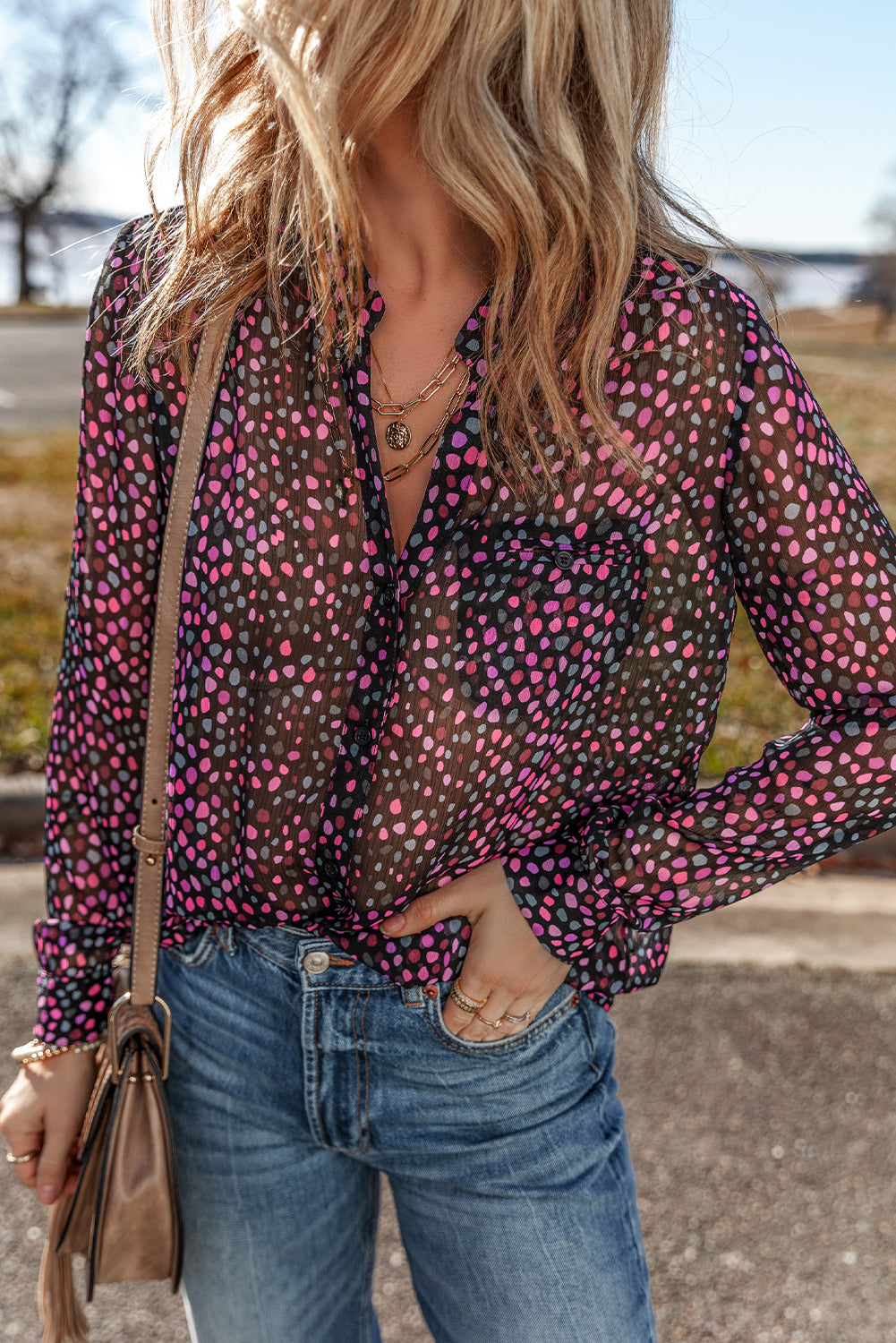 Grape Wine Polka Dot Printed Buttoned Casual Shirt-Chaelisa's New Jammies