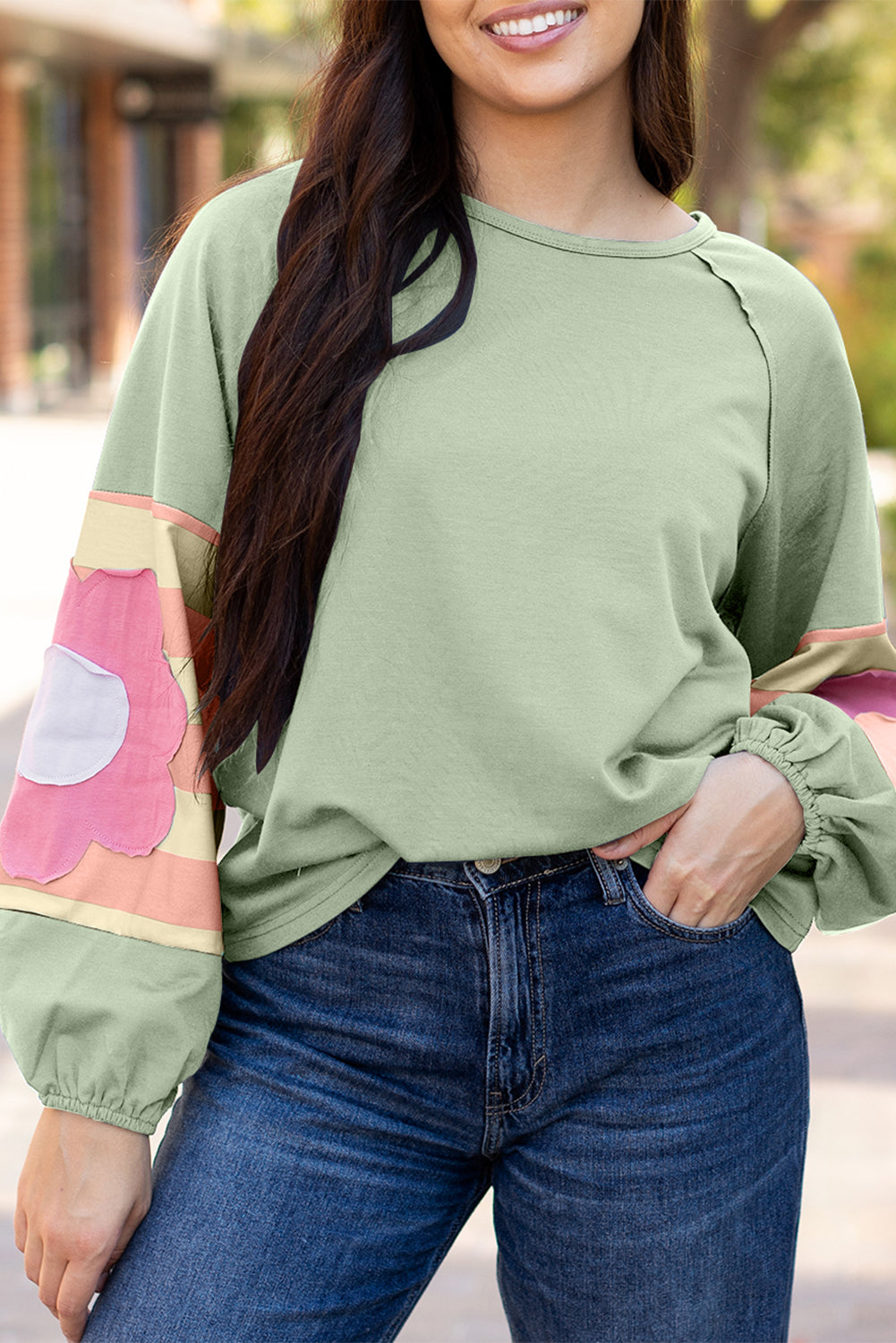 Smoke Green Flower Patchwork Raglan Sleeve Exposed Seam Oversized Top-Chaelisa's New Jammies