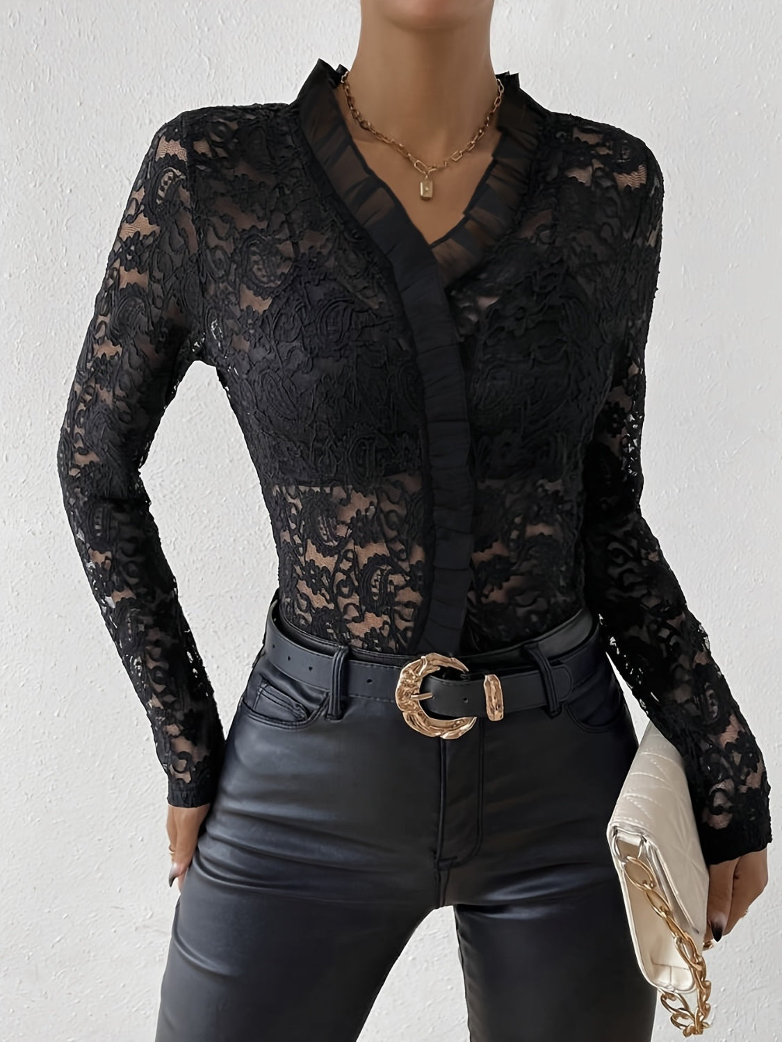 Ruffled V-Neck Long Sleeve Lace Top-Chaelisa's New Jammies