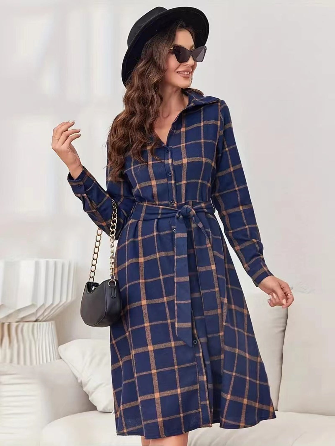 Plaid Tie Waist Long Sleeve Dress-Chaelisa's New Jammies