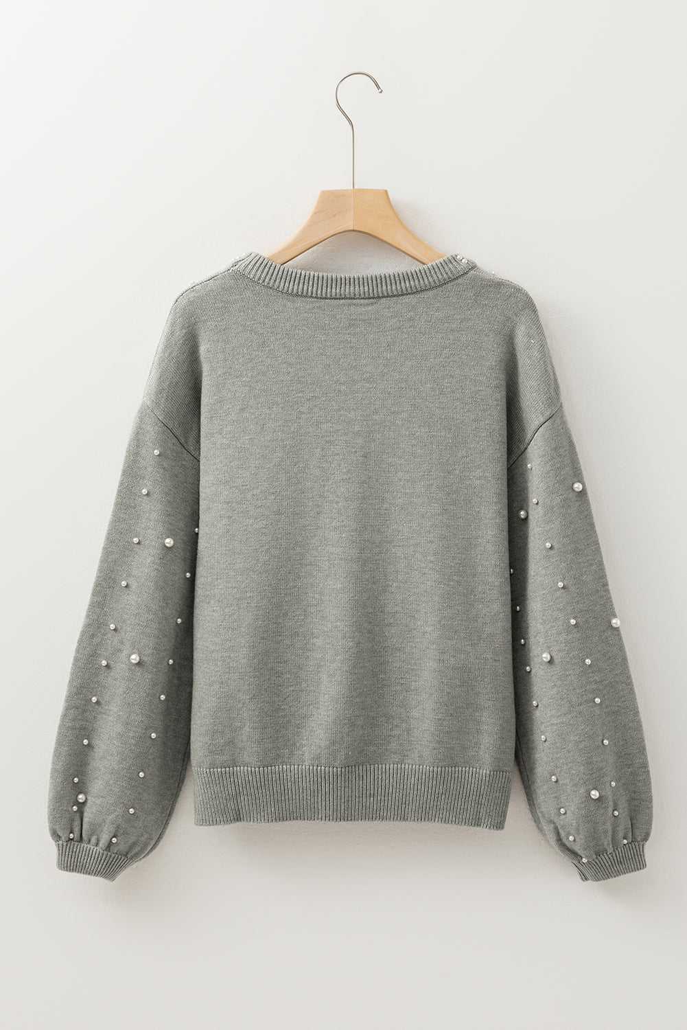 Light Grey Pearled Drop Shoulder Round Neck Sweater-Chaelisa's New Jammies