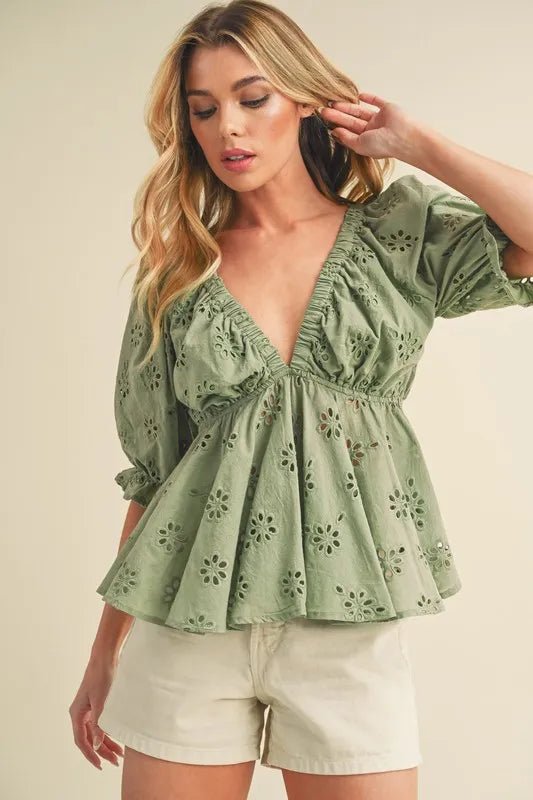 Aemi + Co Eyelet Embroidered V - Neck Half Sleeve Peplum Blouse - Chaelisa's New Jammies