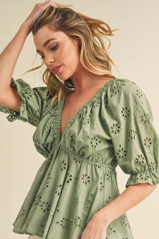 Aemi + Co Eyelet Embroidered V - Neck Half Sleeve Peplum Blouse - Chaelisa's New Jammies