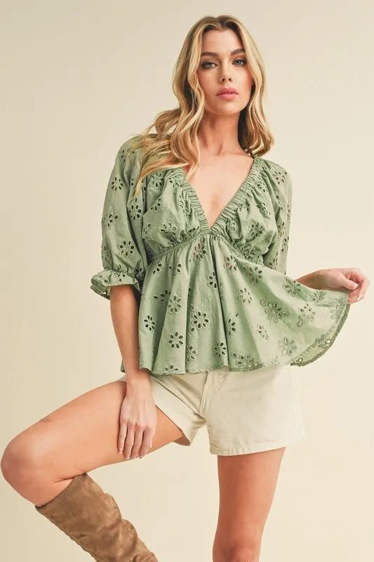 Aemi + Co Eyelet Embroidered V - Neck Half Sleeve Peplum Blouse - Chaelisa's New Jammies