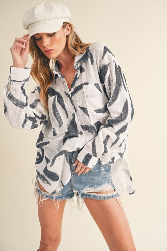 Aemi + Co High - Low Printed Button Up Long Sleeve Shirt - Chaelisa's New Jammies