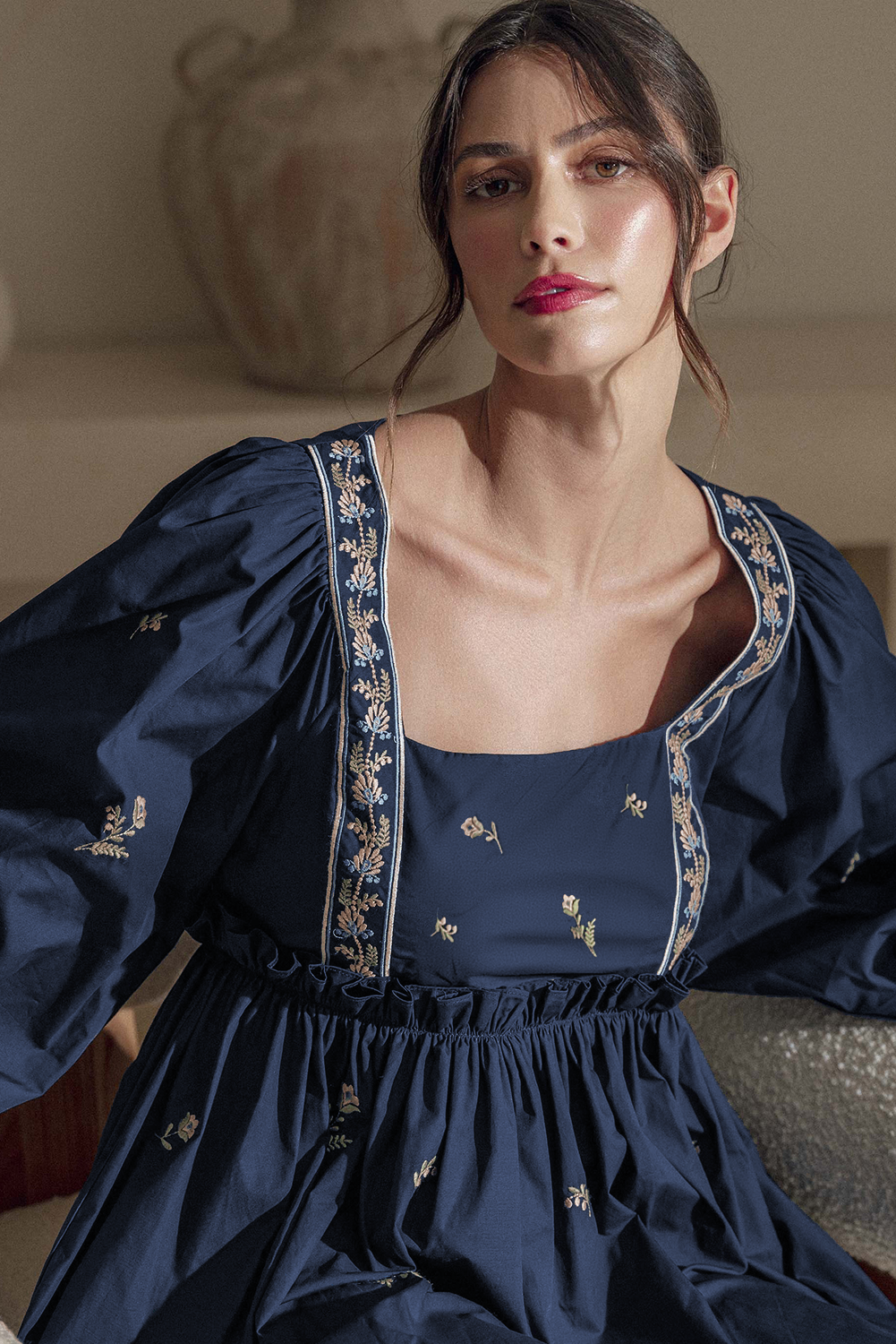Blue Floral Embroidered Square Neck Puff Sleeve Ruffled Mini Dress-Chaelisa's New Jammies