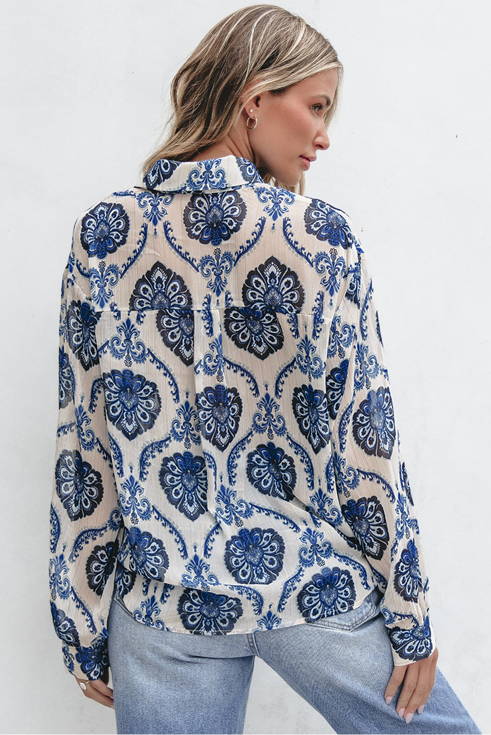 Blue Tribal Pattern Buttoned Front Loose Shirt-Chaelisa's New Jammies