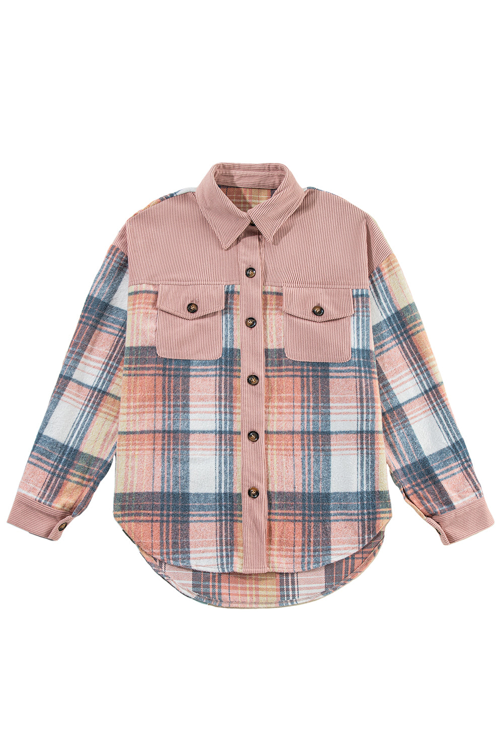 Light Pink Plaid Corduroy Patchwork Pocket Loose Shacket-Chaelisa's New Jammies