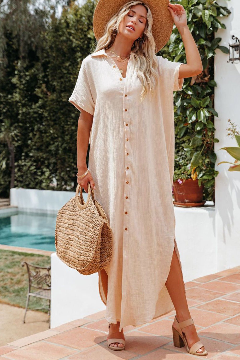 Apricot Crinkled Buttons Maxi Beach Dress with Slits - Chaelisa's New Jammies
