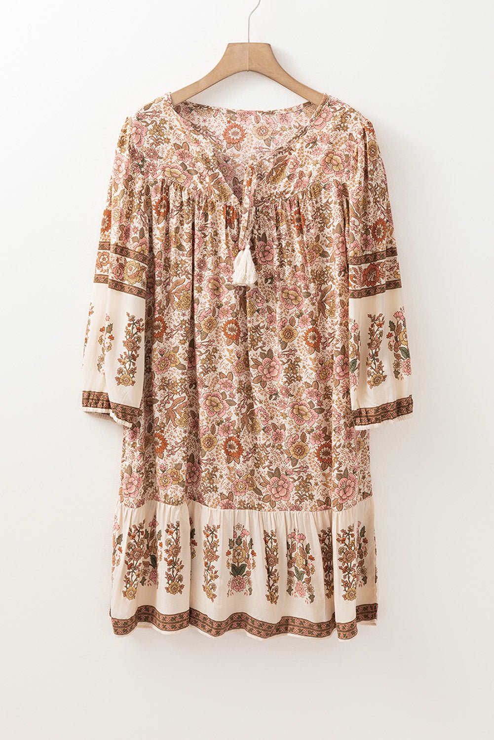 Apricot Floral Print Tassel Drawstring V Neck Loose Mini Dress - Chaelisa's New Jammies