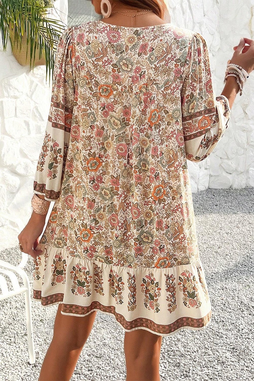 Apricot Floral Print Tassel Drawstring V Neck Loose Mini Dress - Chaelisa's New Jammies