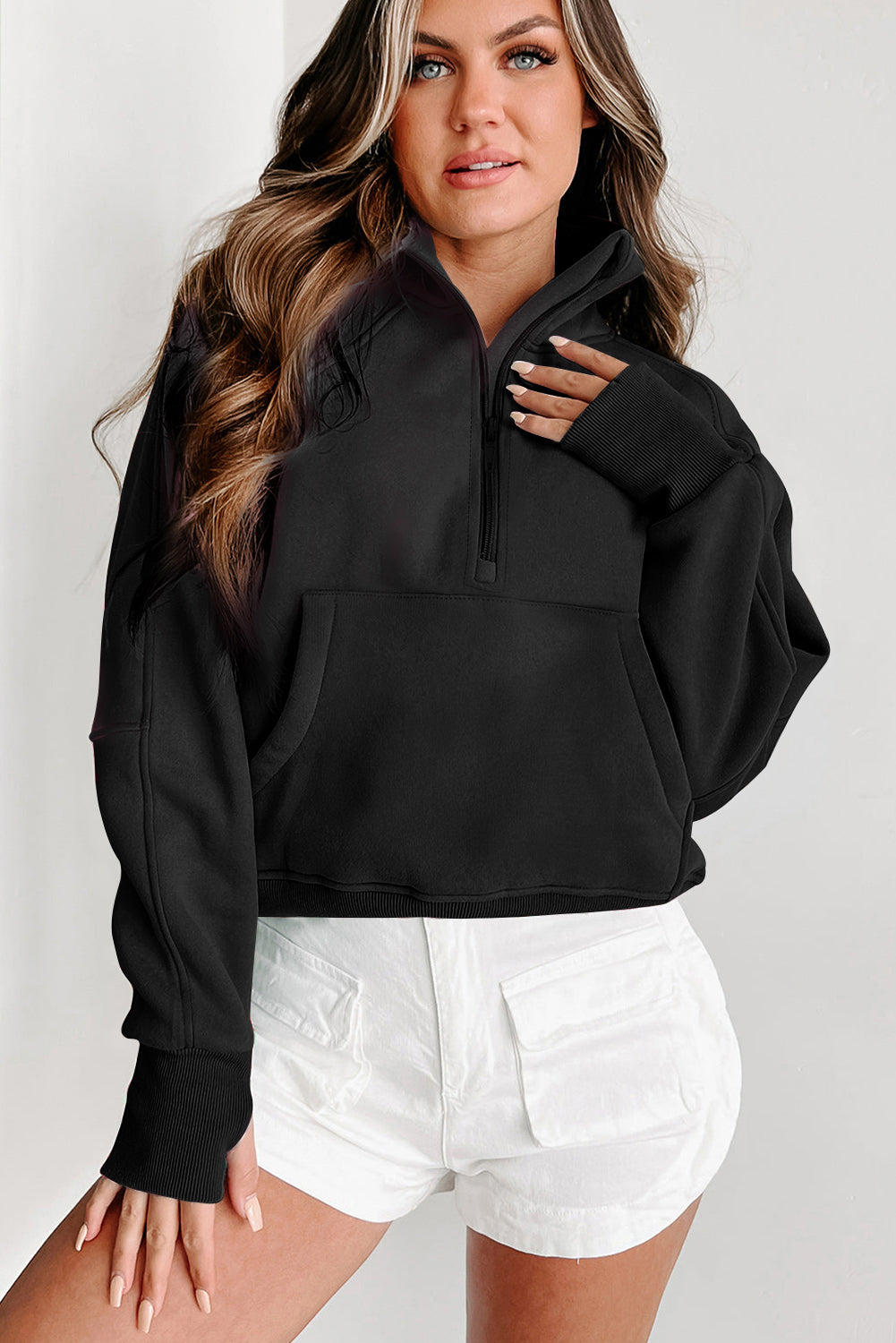 Gray Zip Up Stand Collar Ribbed Thumbhole Sleeve Sweatshirt-Chaelisa's New Jammies