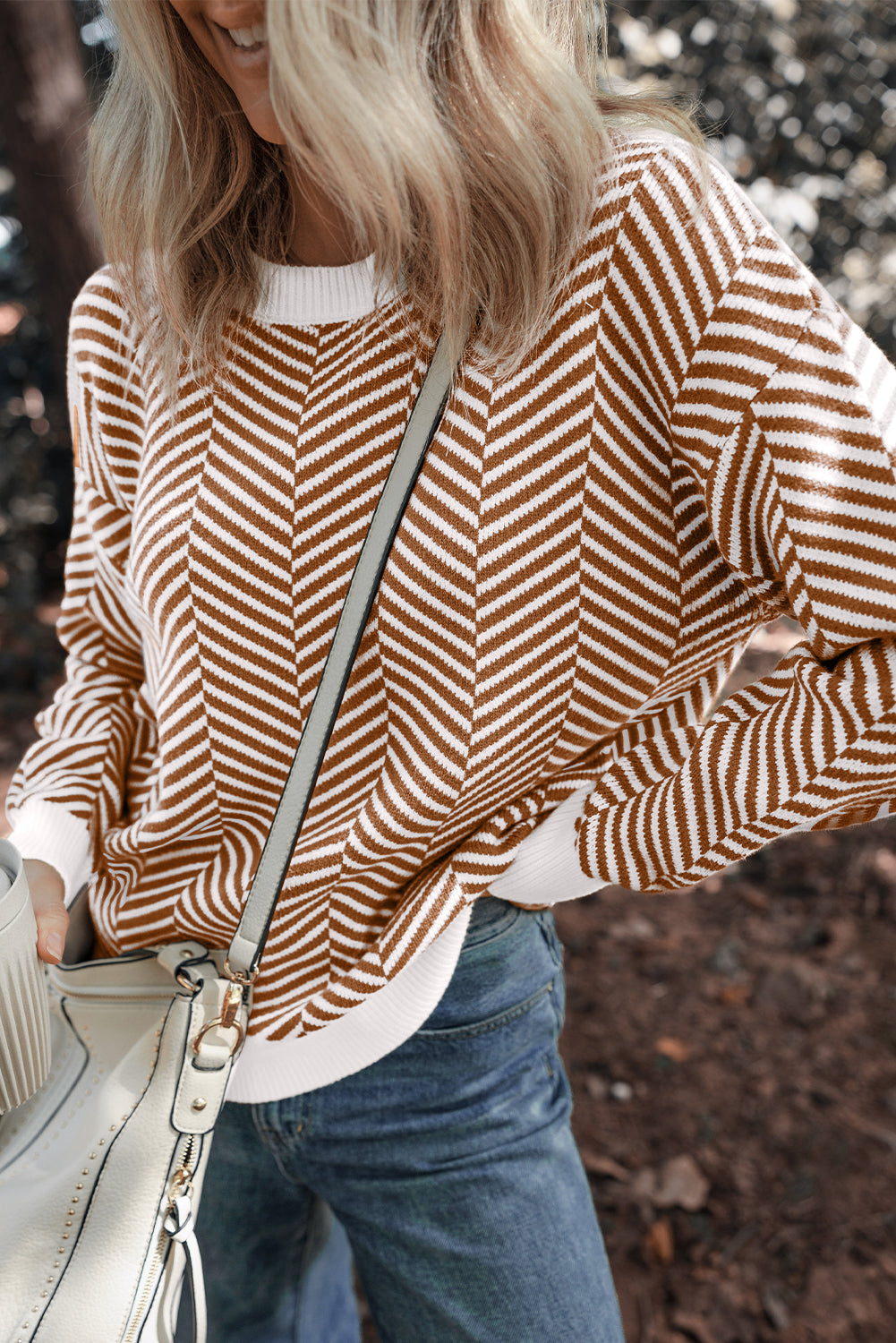 Coffee Contrast Edge Crew Neck Drop Shoulder Sweater-Chaelisa's New Jammies