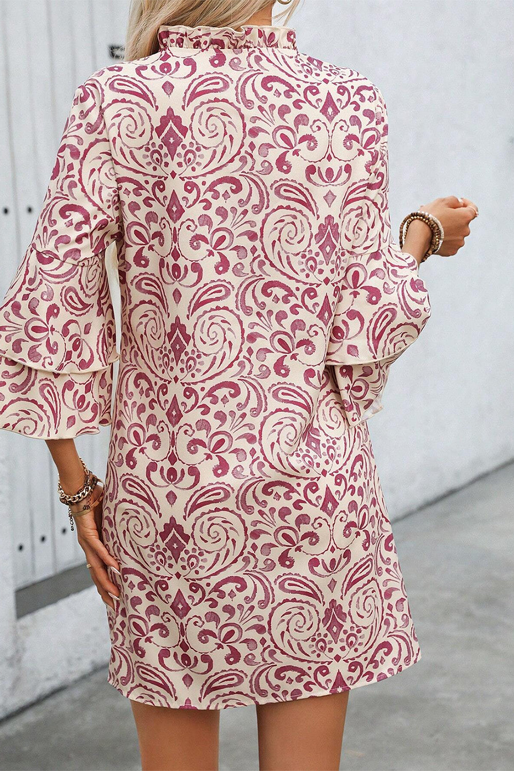 Pink Paisley Print Tiered 3/4 Sleeve Notched Neck Mini Dress-Chaelisa's New Jammies