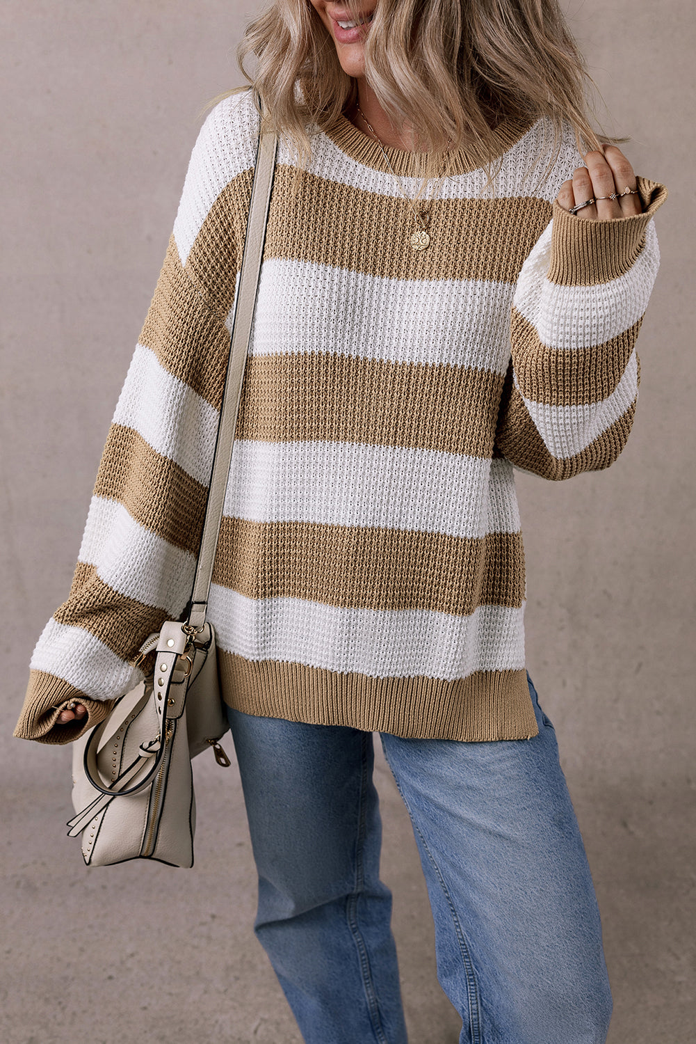 Light French Beige Colorblock Striped Drop Shoulder Side Slit Sweater-Chaelisa's New Jammies