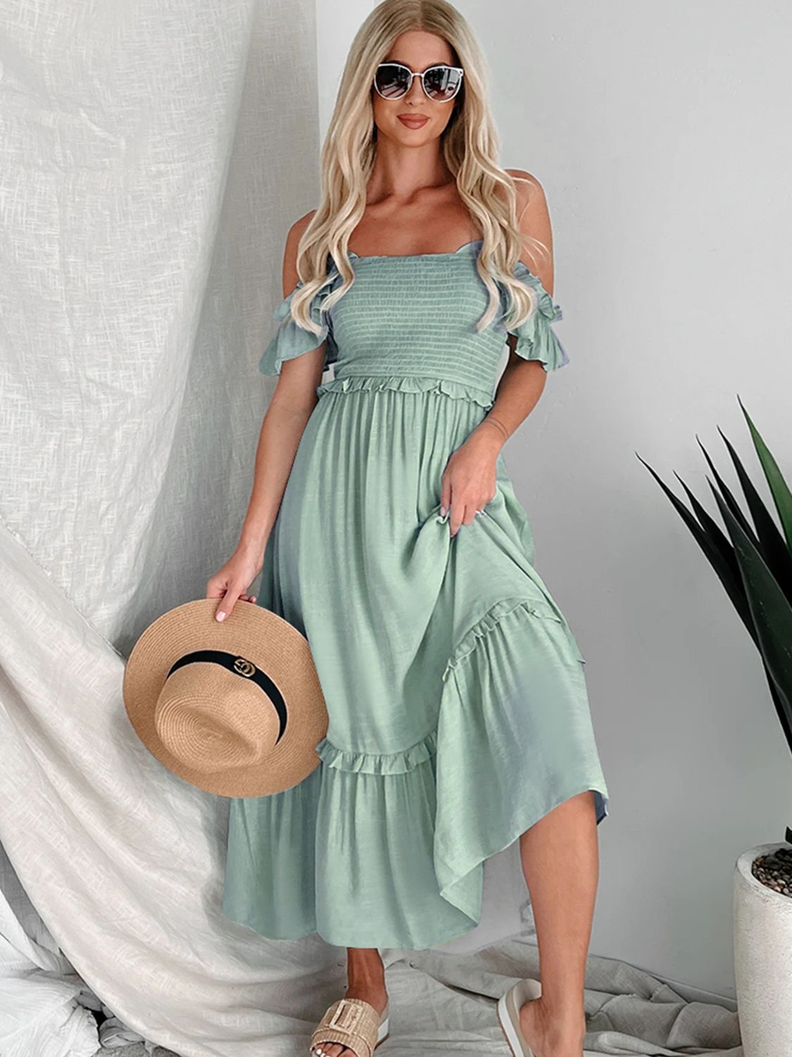 Frill Smocked Off-Shoulder Ruffle Sleeve Dress-Chaelisa's New Jammies