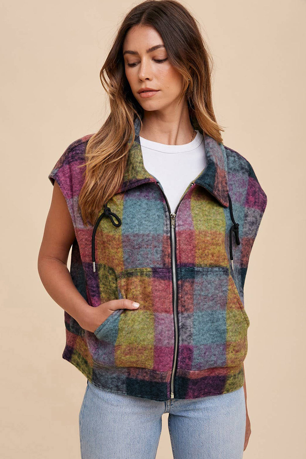 Multicolor Plaid Print Side Pockets Zipped Loose Vest-Chaelisa's New Jammies