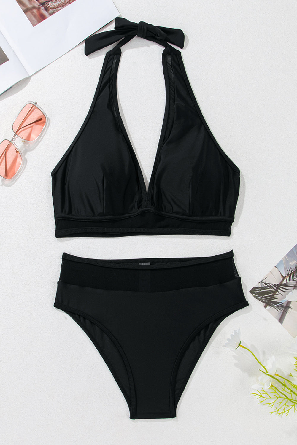Black Sheer Mesh Edged Halter V Neck Push Up Bikini-Chaelisa's New Jammies
