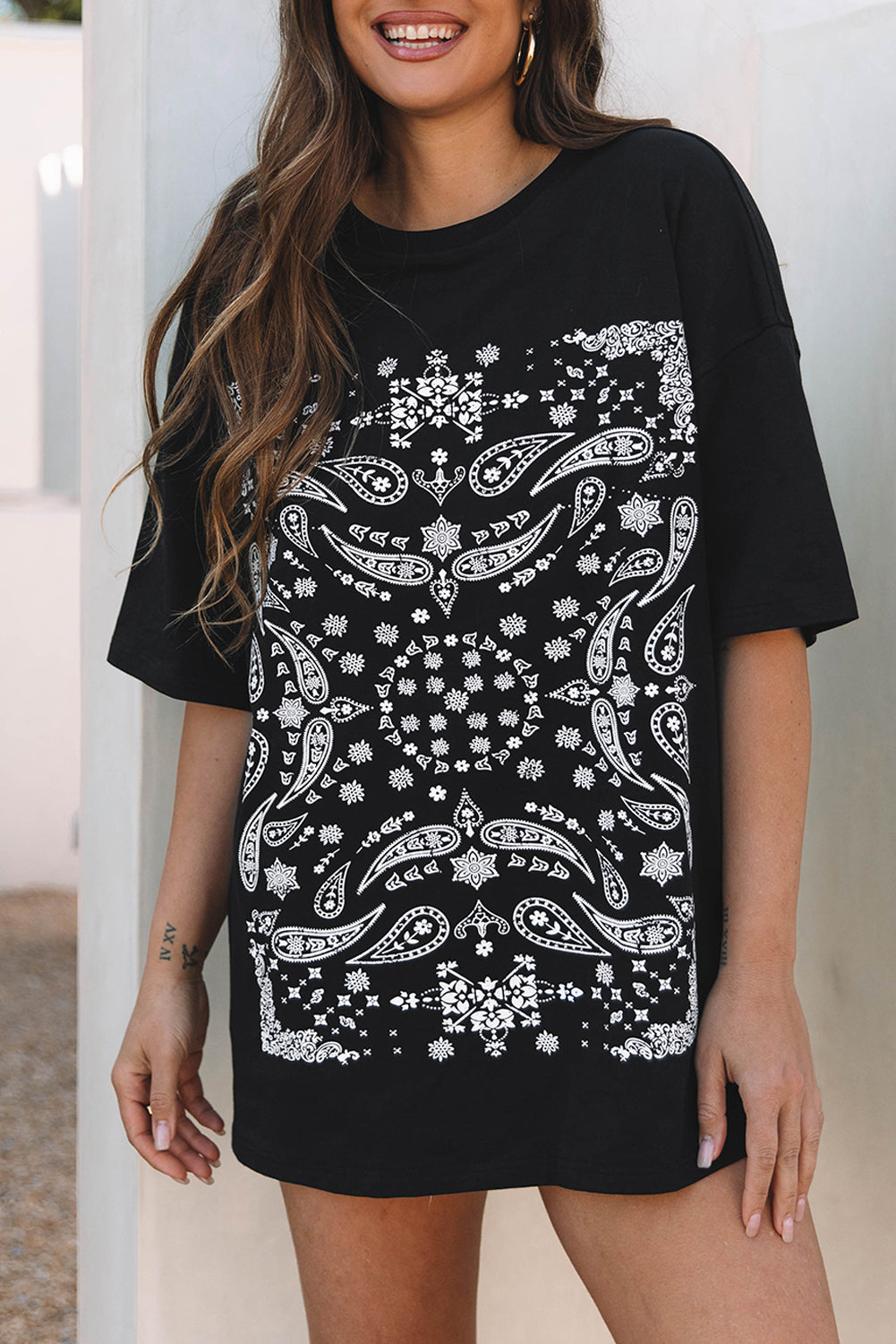 Black Paisley Print Crew Neck Loose Fit Tunic Tee-Chaelisa's New Jammies