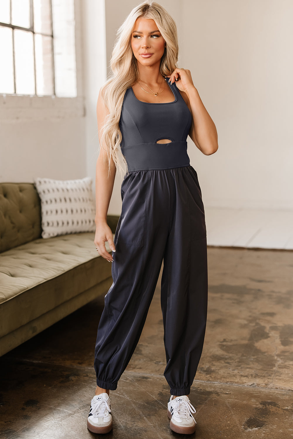Carbon Grey Back Crossed Straps Hollow Out Jogger Jumpsuit-Chaelisa's New Jammies