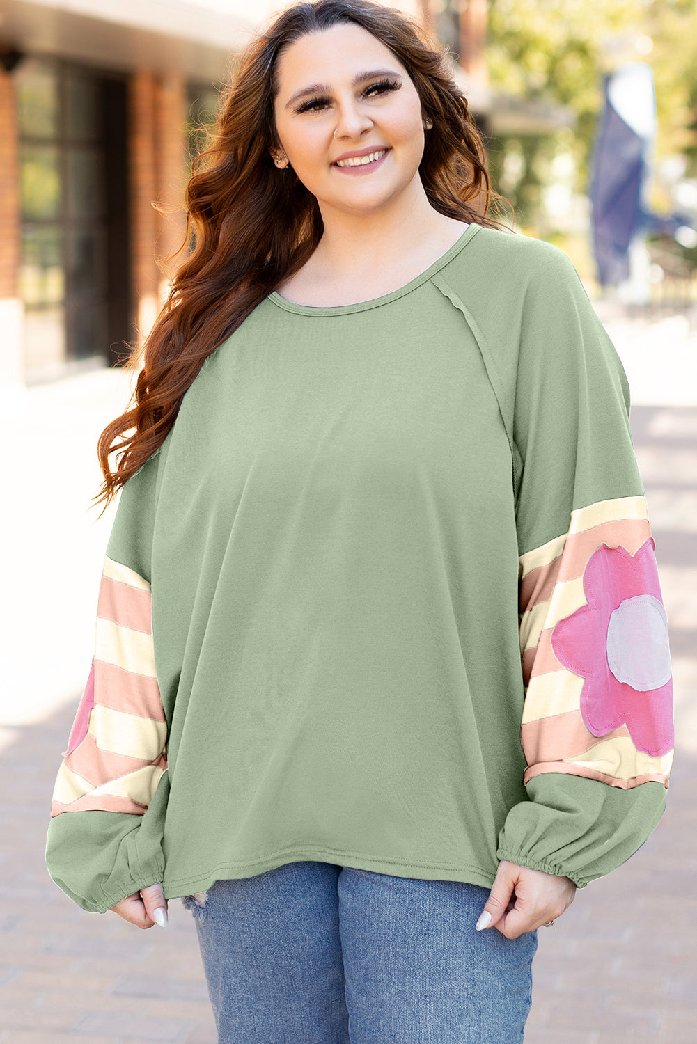 Smoke Green Flower Patchwork Raglan Sleeve Exposed Seam Oversized Top-Chaelisa's New Jammies