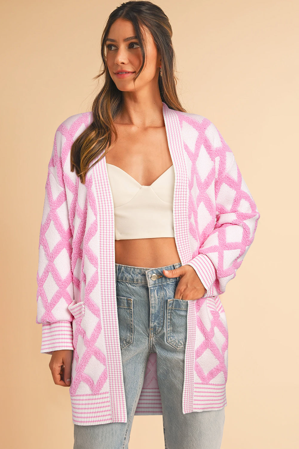 Pink Rhombus Pattern Knit Open Front Pocketed Cardigans-Chaelisa's New Jammies
