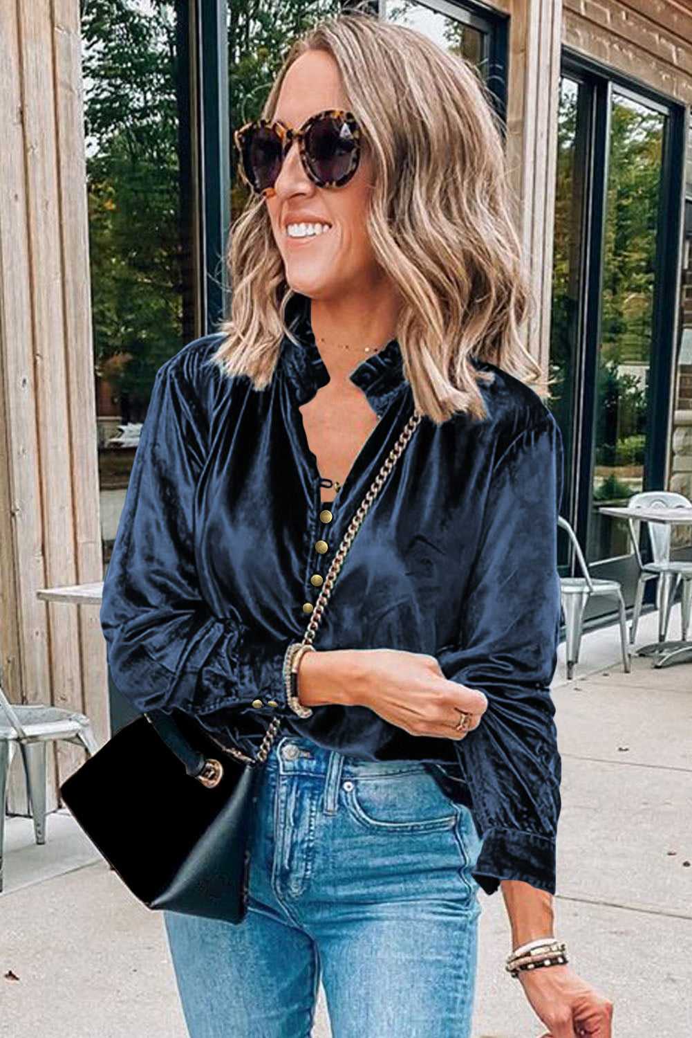 Navy Blue Frilled Buttoned V Neck Velvet Blouse-Chaelisa's New Jammies