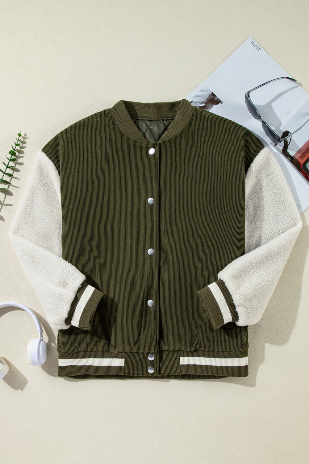 Mist Green Corduroy Fleece Patchwork Buttoned Bomber Jacket-Chaelisa's New Jammies