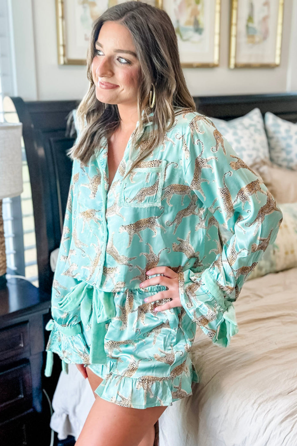 Green Leopard Satin Ruffle Pajama Short Set-Chaelisa's New Jammies