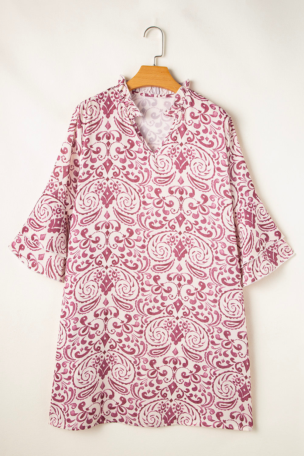 Pink Paisley Print Tiered 3/4 Sleeve Notched Neck Mini Dress-Chaelisa's New Jammies
