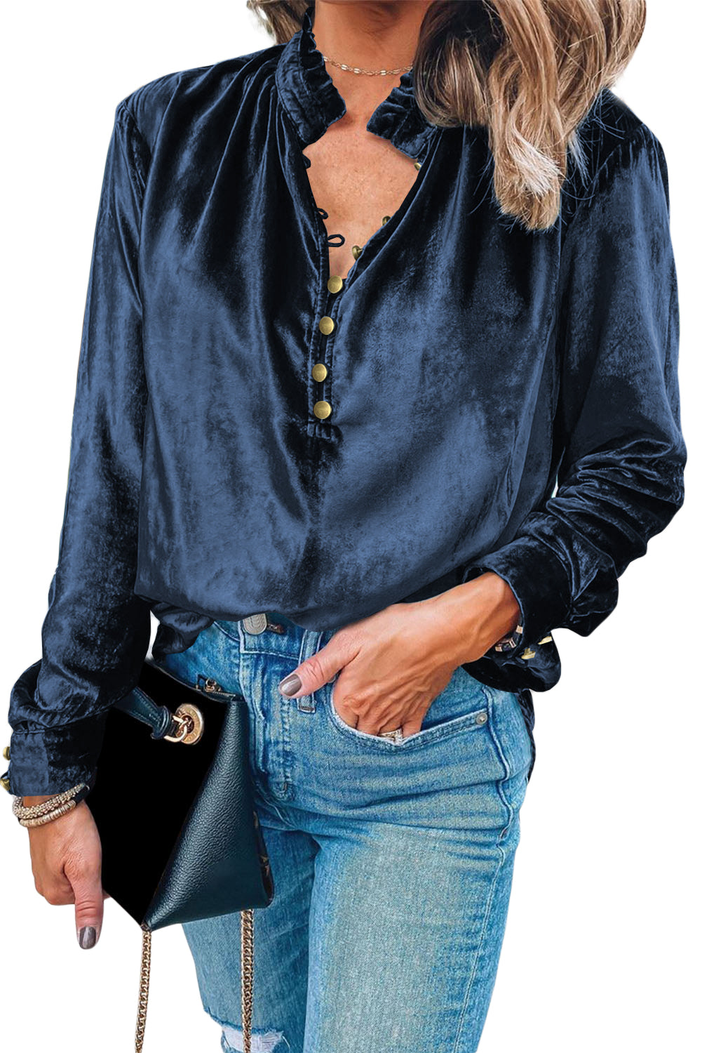 Navy Blue Frilled Buttoned V Neck Velvet Blouse-Chaelisa's New Jammies