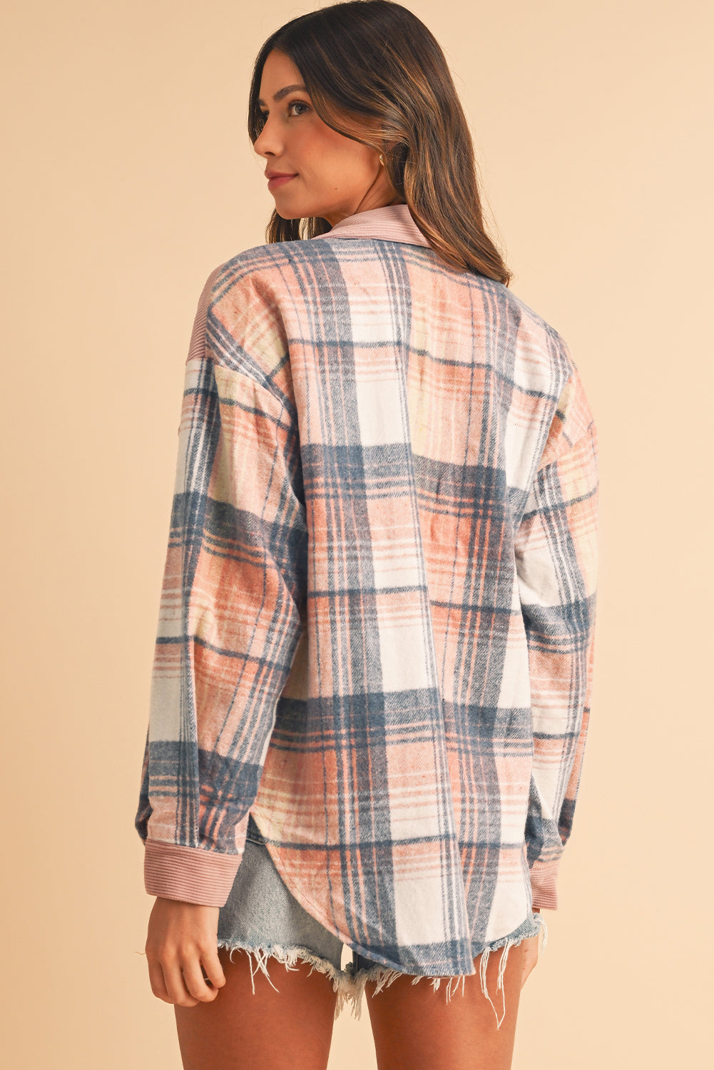 Light Pink Plaid Corduroy Patchwork Pocket Loose Shacket-Chaelisa's New Jammies