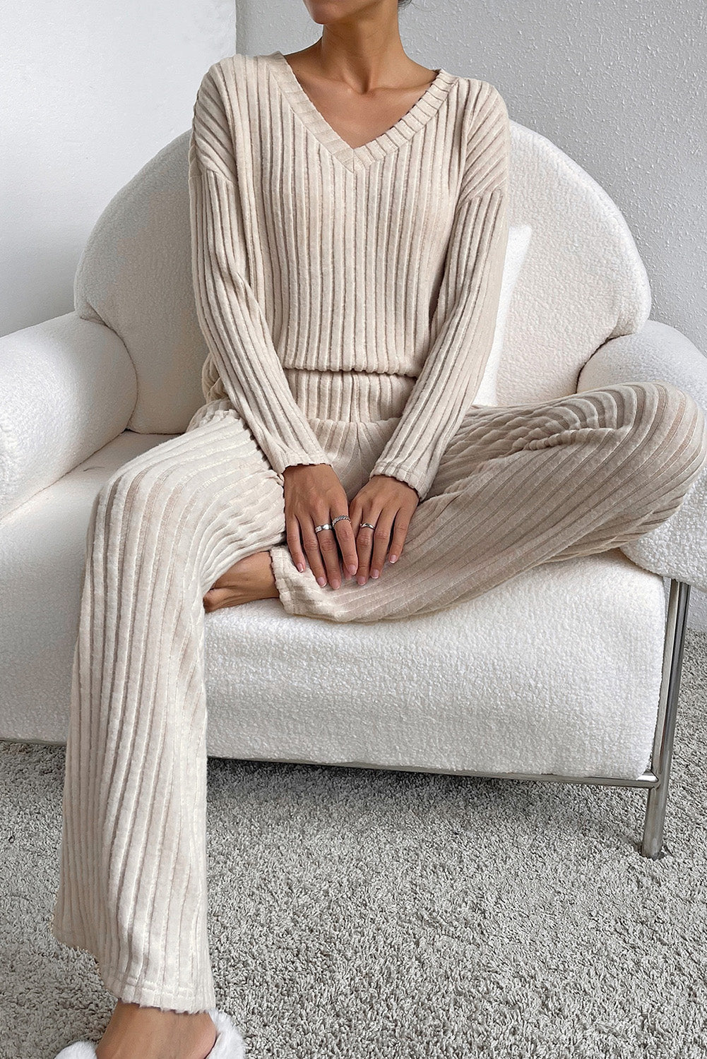 Khaki Ribbed Knit V Neck Slouchy Two-piece Outfit-Chaelisa's New Jammies
