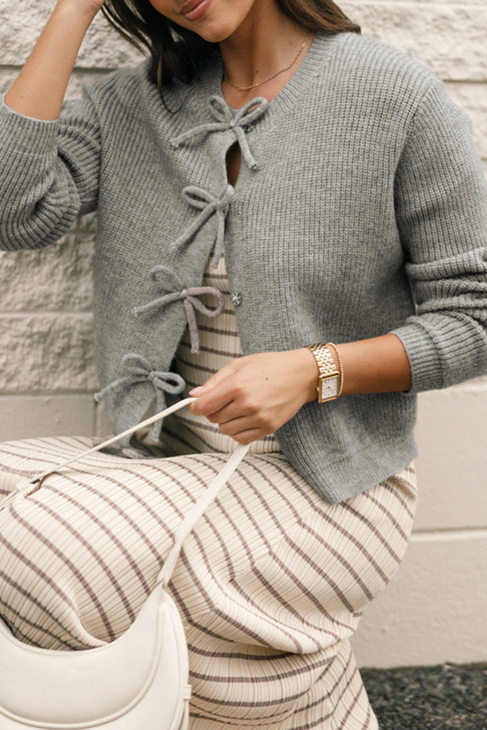 Philippine Gray Ribbed Knit Bow Front Buttoned Cardigan-Chaelisa's New Jammies