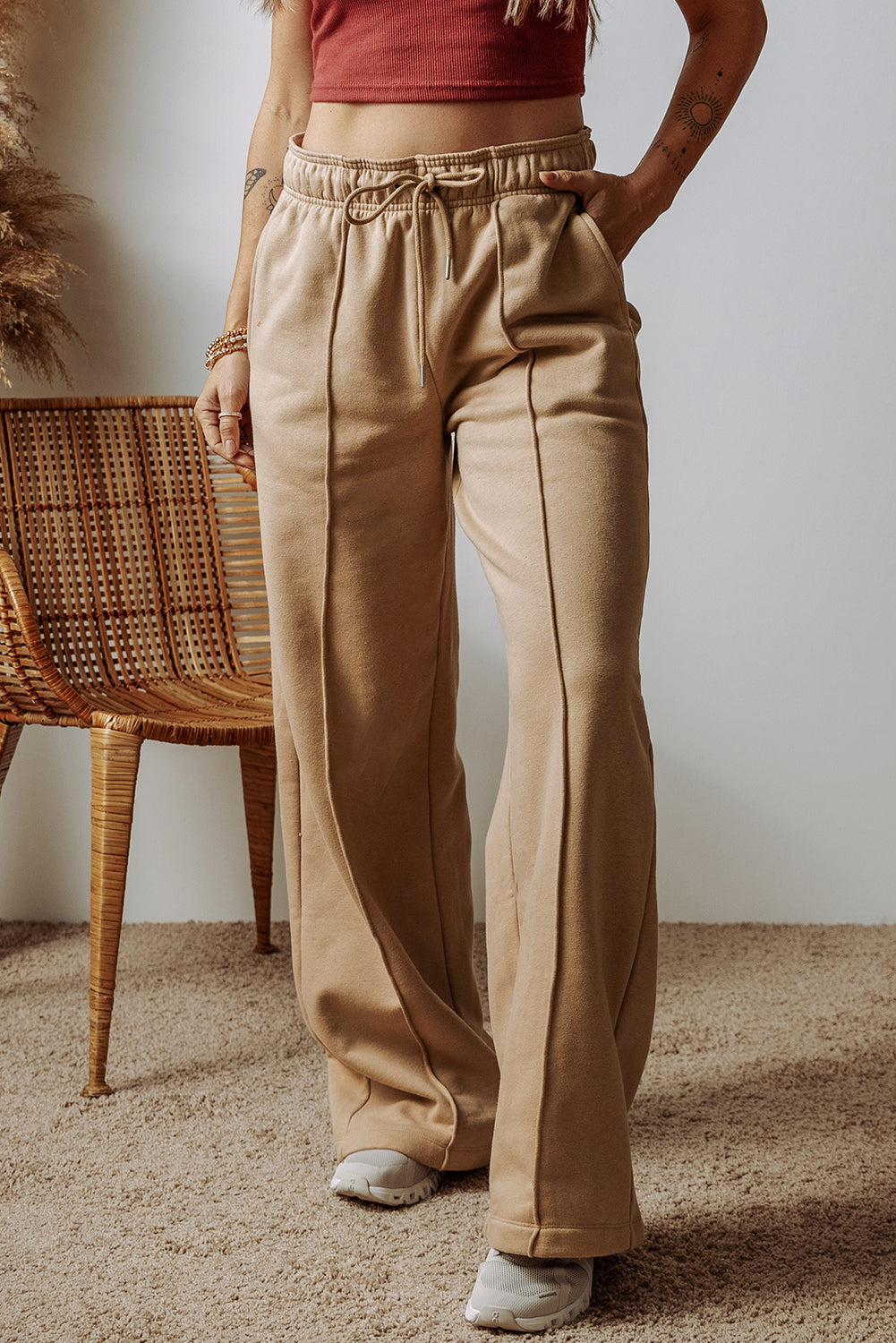 Smoke Gray Exposed Seam Drawstring High Waist Wide Leg Pants-Chaelisa's New Jammies