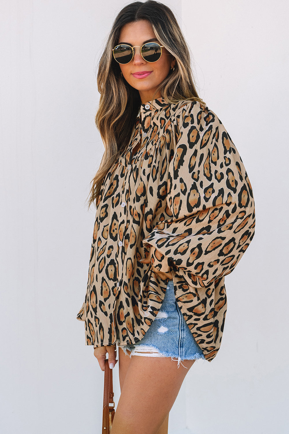 Light French Beige Oversized Leopard Print Balloon Sleeve Casual Shirt-Chaelisa's New Jammies