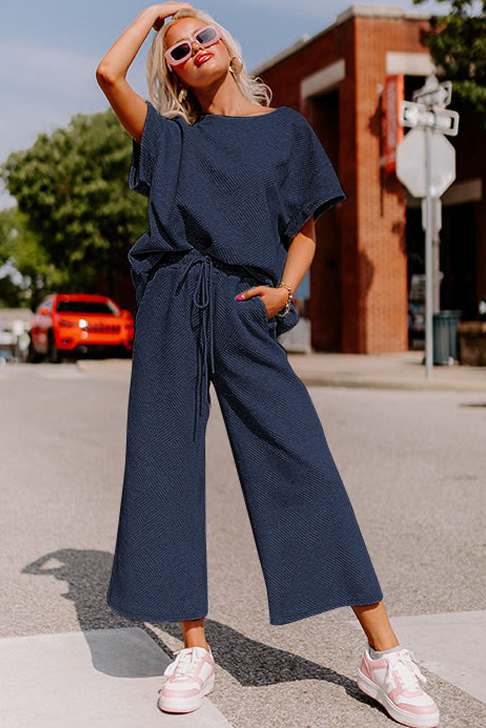 Navy Blue Textured Loose Fit T Shirt and Drawstring Pants Set-Chaelisa's New Jammies