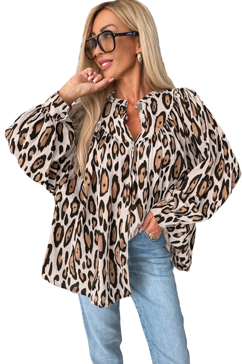 Jet Stream Oversized Leopard Print Balloon Sleeve Casual Shirt-Chaelisa's New Jammies