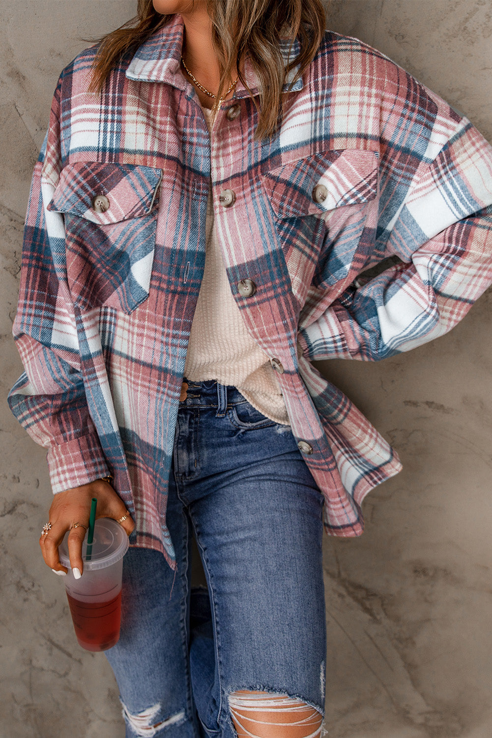 Pink & Grey Plaid Button Up Collared Flannel Shacket-Chaelisa's New Jammies