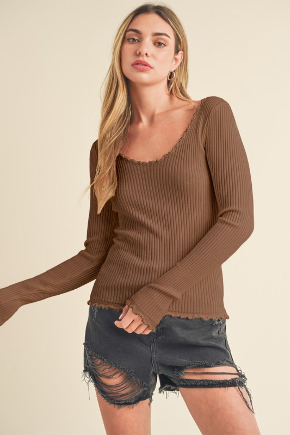 Aemi + Co Lettuce Hem Scoop Neck Long Sleeve Knit Top-Chaelisa's New Jammies