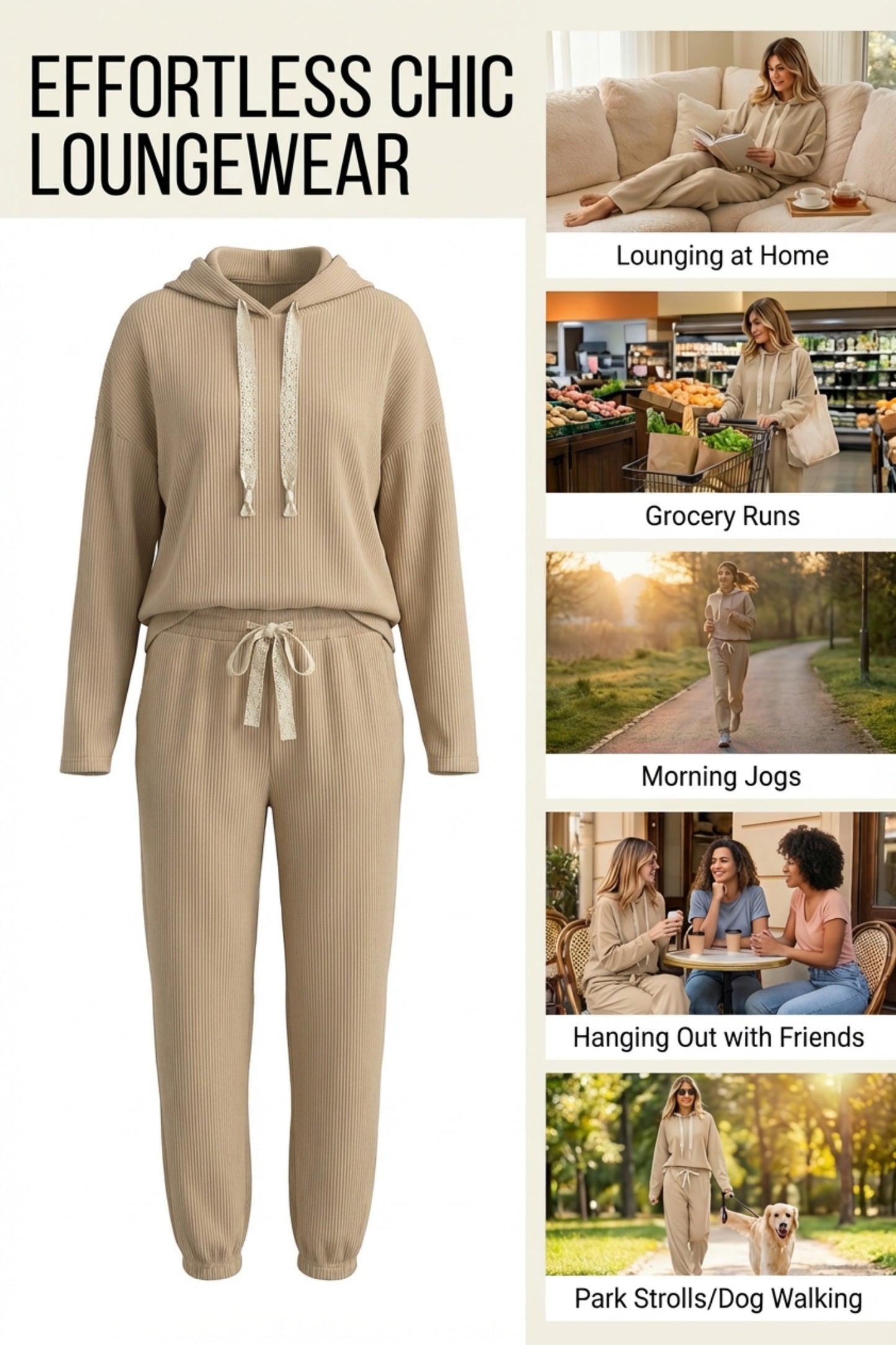 Jet Stream Lace Drawstring Pullover Hoodie and High Waist Pants Corduroy Suit