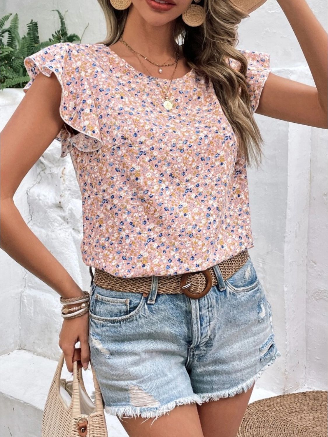 Ditsy Floral Round Neck Cap Sleeve Top-Chaelisa's New Jammies