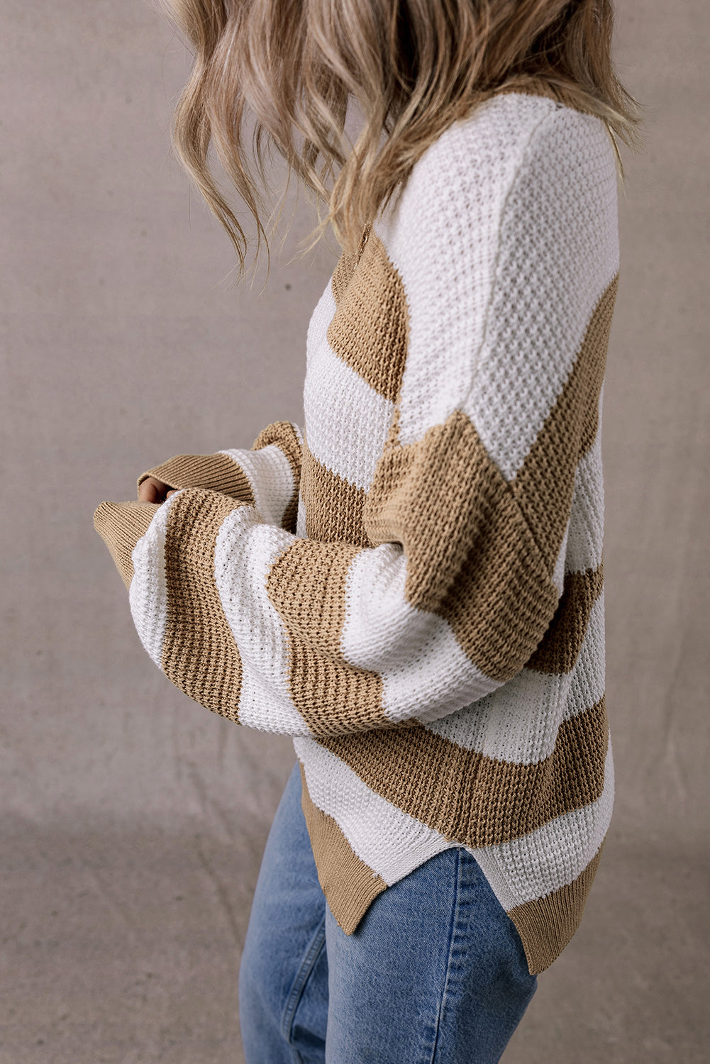 Light French Beige Colorblock Striped Drop Shoulder Side Slit Sweater-Chaelisa's New Jammies