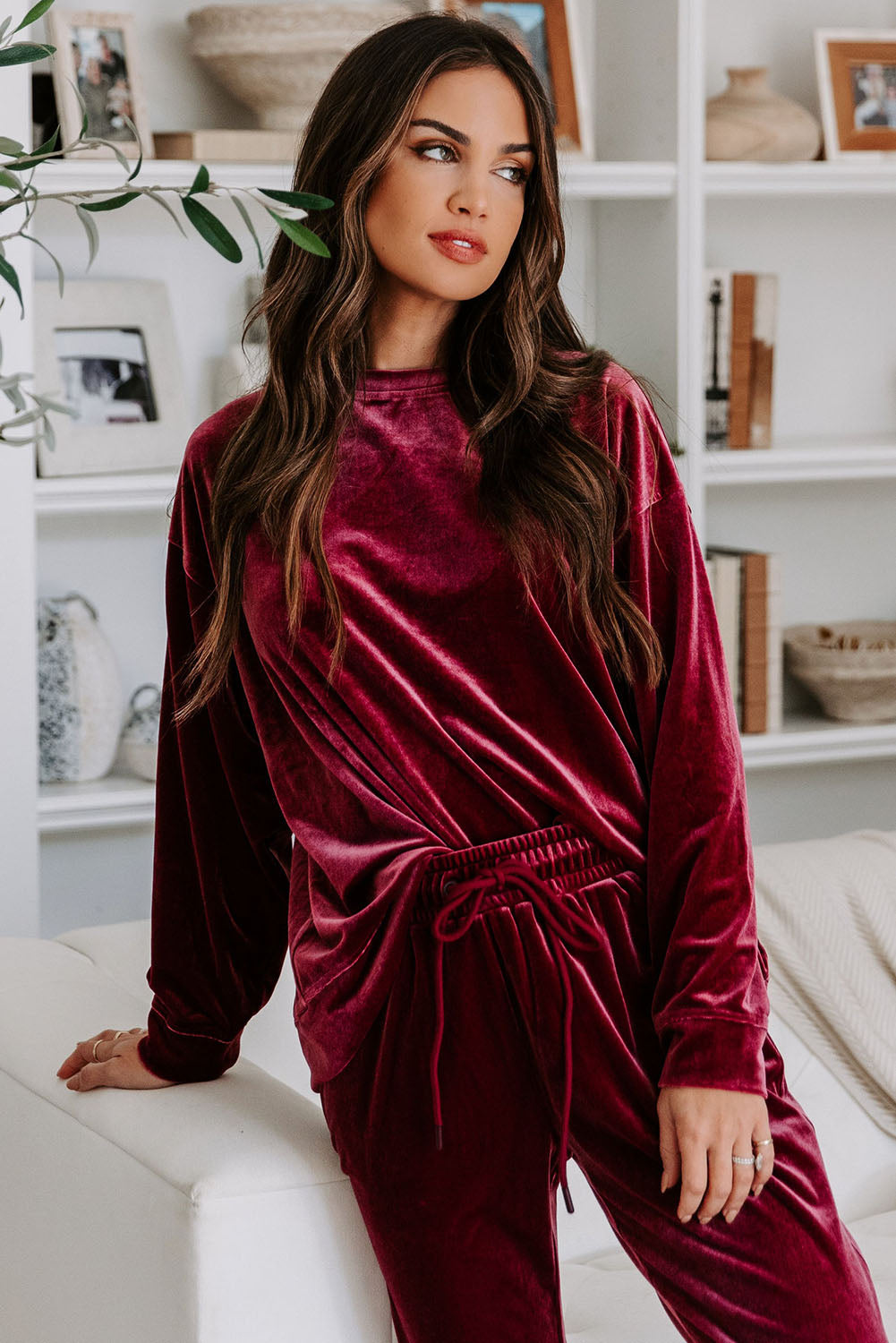 Fiery Red Solid Velvet Two Piece Lounge Set-Chaelisa's New Jammies