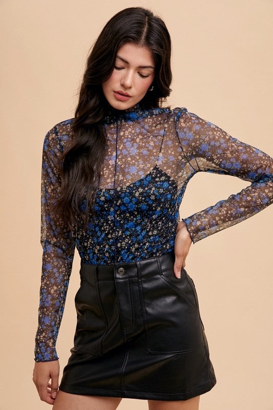 Annie Wear Floral Lettuce Hem Sheer Mesh Top-Chaelisa's New Jammies