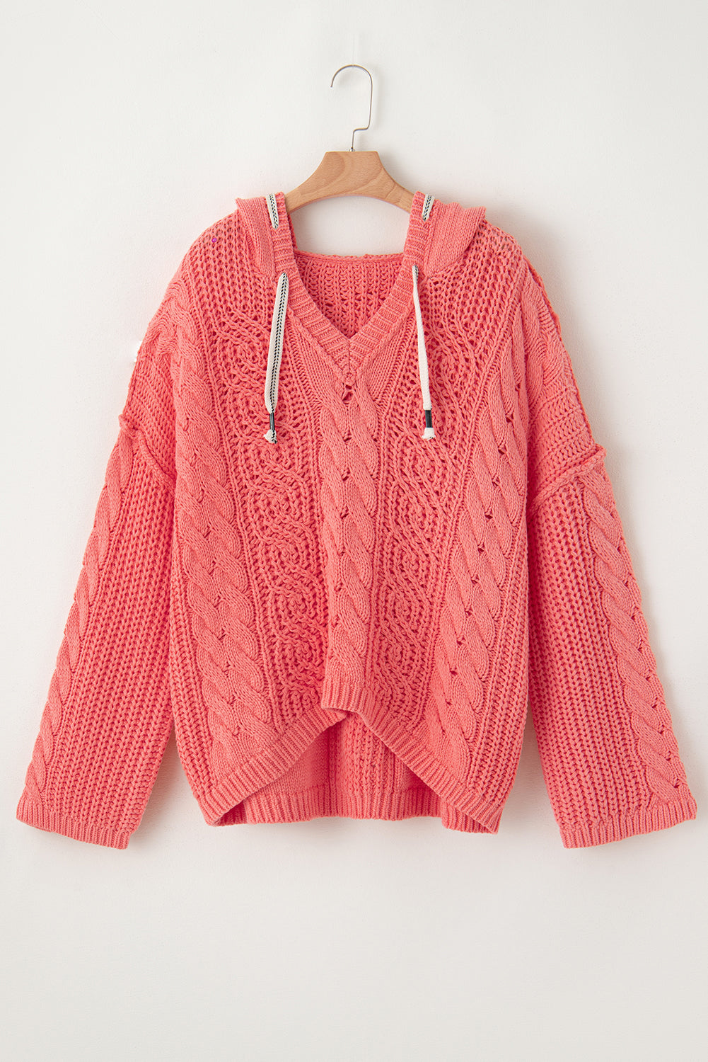 Gold Flame Cable Knit V Neck Contrast Drawstring Hooded Sweater-Chaelisa's New Jammies