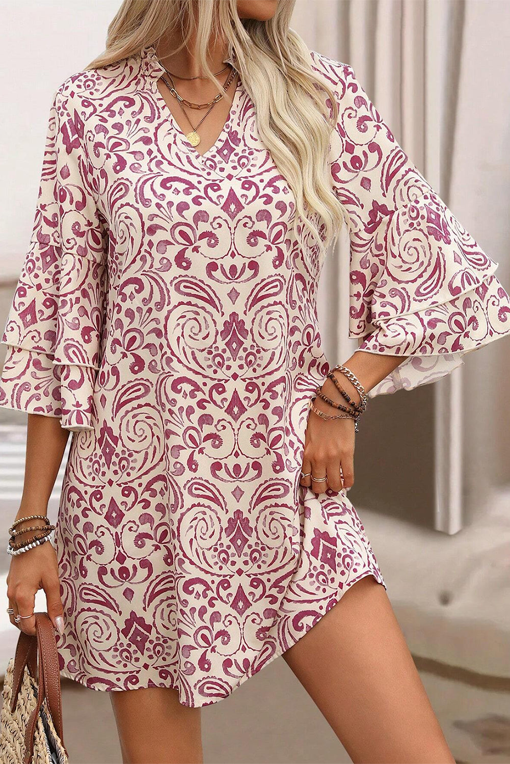 Pink Paisley Print Tiered 3/4 Sleeve Notched Neck Mini Dress-Chaelisa's New Jammies