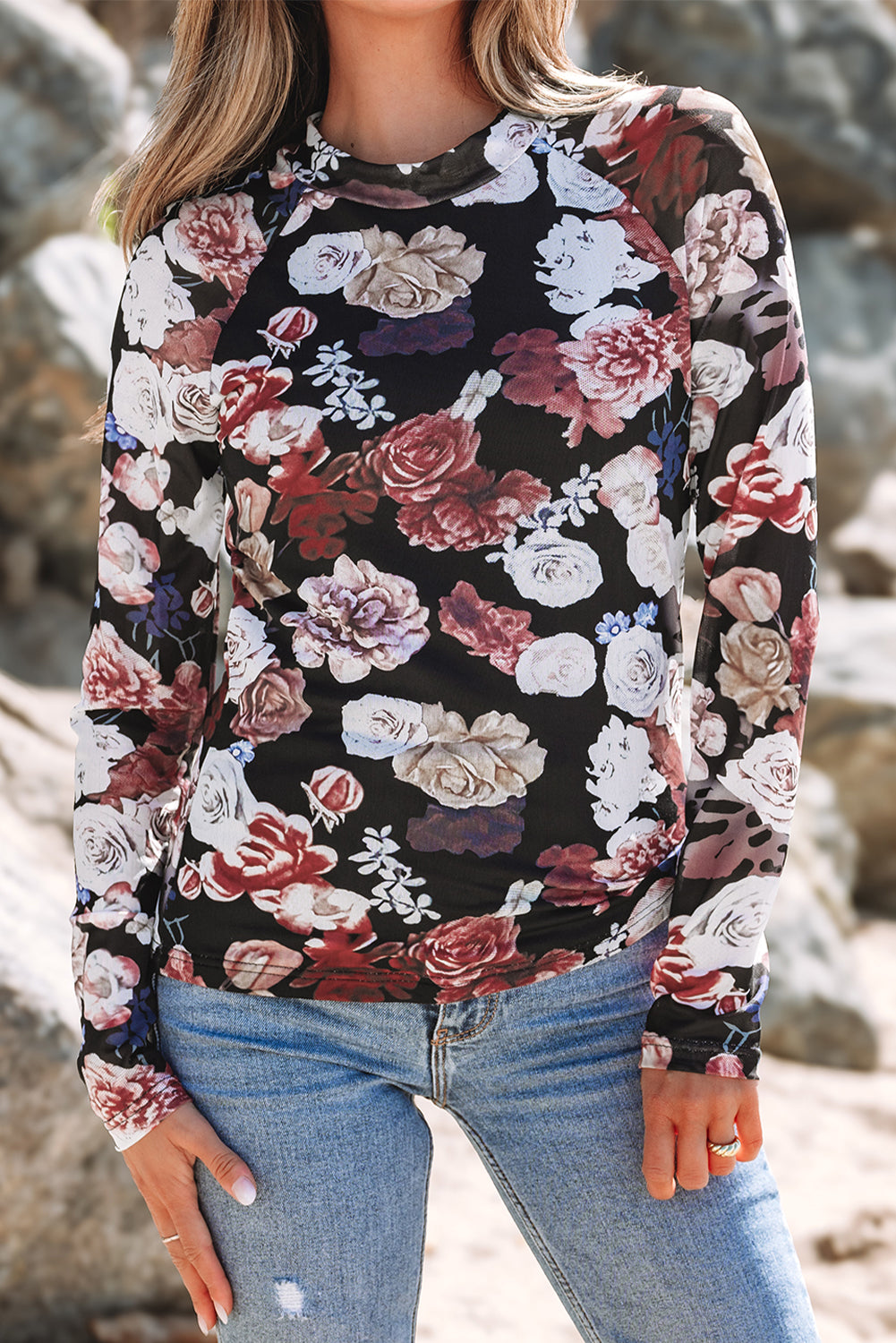 Pink Mesh Floral Print Mock Neck Long Sleeve Slim Top-Chaelisa's New Jammies