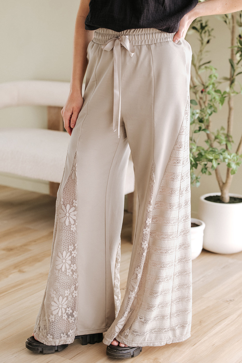Smoke Gray Boho Lace Patchwork Wide Leg High Waist Pants-Chaelisa's New Jammies