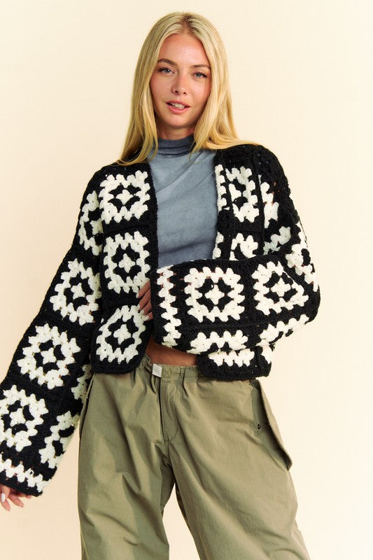 Davi & Dani Full Size Two Tone Flower Square Crochet Open Front Cardigan-Chaelisa's New Jammies